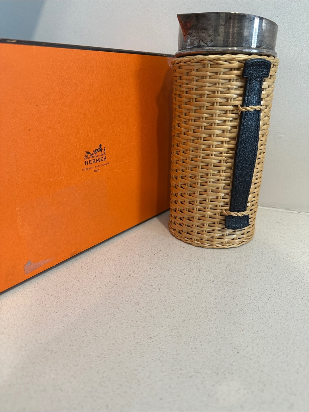HERMES KELLY WICKER & Black LEATHER PICNIC PITCHER JUG PART OF SUITE - RARE!